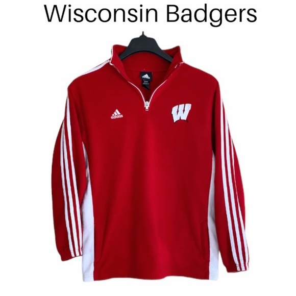 Adidas Wisconsin Badgers Red 3 Stripe 1/4-Zip Fleece Pullover Youth XL 18/20 - Picture 1 of 13